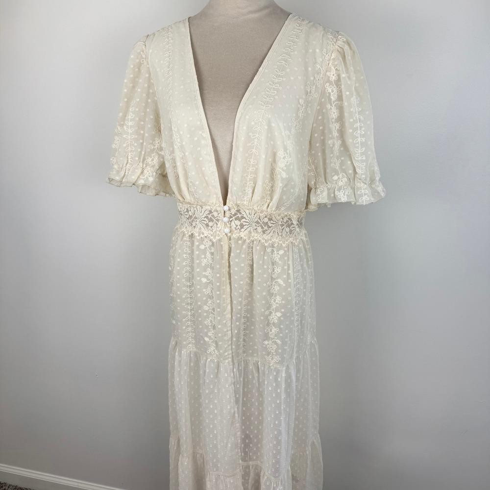 Cream Swiss Dot Floral Embroidered Lace Maxi Duster Kimono Cover Up Size 2XL - Picture 2 of 7